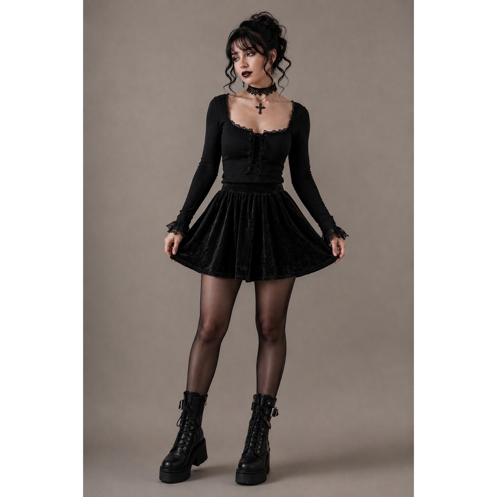 Pink Rose Black Velour Mini Skirt M Skater Goth Y2K Terry Velvet Tennis Skirt